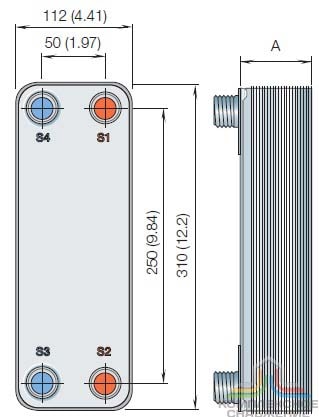 Габаритный чертеж паяного теплообменника Alfa Laval CB27